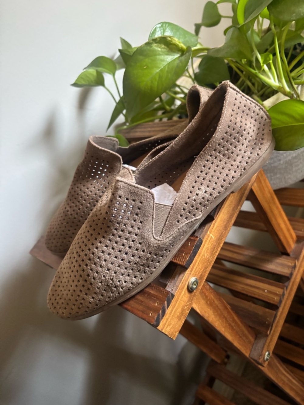 Lucky Brand Perforated Suede Slip-Ons in Taupe Brown